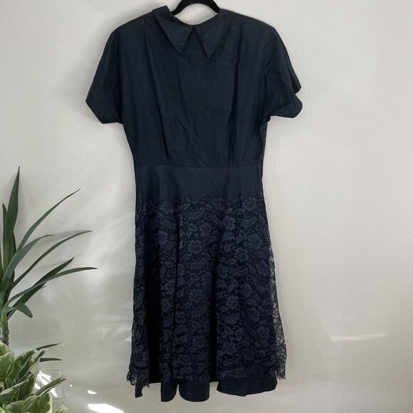 Vintage 50s Navy Blue Satin Dress Lace Skirt Young Viewpoint NY sz 10 - Picture 2 of 5